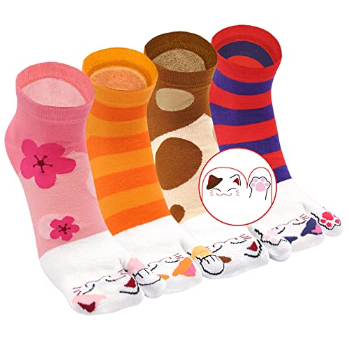 Tabi Socken Damen Flip Flop Zehensocken Baumwolle Geta Socken Kurze Zwei-ZehenSocken Japanische Stil Bunt Lustig Sakura-Muster, Größe 35-41, 4 paare-Glückskatzen von ZFSOCK
