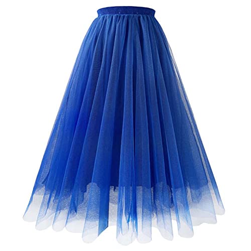 ZFUNKQ Tüllrock für Damen Geschichteter Tutu-Rock Hohe Taille Eine Linie Midirock Party Gittergewebe Chiffon Faltenkleid 1# Royal Blue L von ZFUNKQ