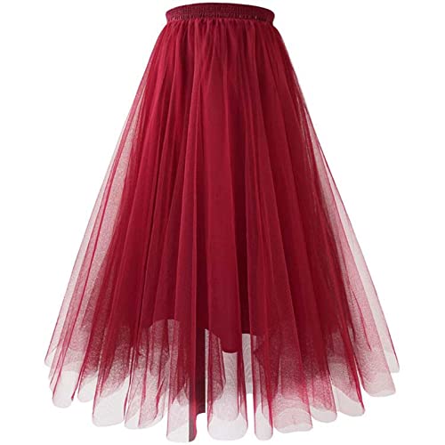 ZFUNKQ Tüllrock für Damen Geschichteter Tutu-Rock Hohe Taille Eine Linie Midirock Party Gittergewebe Chiffon Faltenkleid 2# Wine Red L von ZFUNKQ