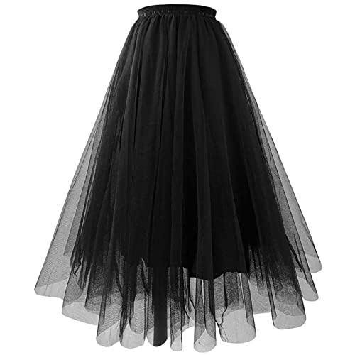 ZFUNKQ Tüllrock für Damen Geschichteter Tutu-Rock Hohe Taille Eine Linie Midirock Party Gittergewebe Chiffon Faltenkleid 3# Black M von ZFUNKQ