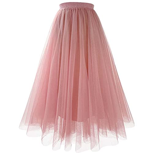 ZFUNKQ Tüllrock für Damen Geschichteter Tutu-Rock Hohe Taille Eine Linie Midirock Party Gittergewebe Chiffon Faltenkleid 9# Spider Silk Pink XL von ZFUNKQ