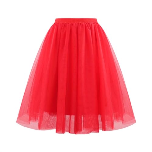 ZFUNKQ Tüllrock für Frauen Layered Tutu Rock Elastische Hohe Taille A-Linie Kurzer Rock Party Mesh Chiffon Plissee Kleid, rot, 44 von ZFUNKQ