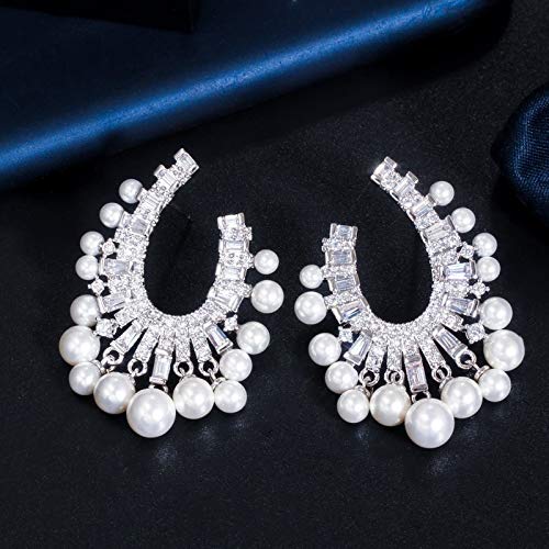 Farbe Big baumelnder Drop Perle Kubikzirkonia Ohrringe für Frauen Verlobungsfeier Schmuck von ZGBQHQN