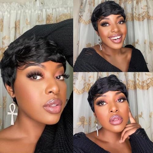 Kurze Bob Perücke aus Echthaar, 6 Zoll kurze lockige Pixie Perücke, hitzebeständige synthetische Perücke, for schwarze Frauen, tägliche Verwendung auf Partys, Cosplay.(Black) von ZGCNDS