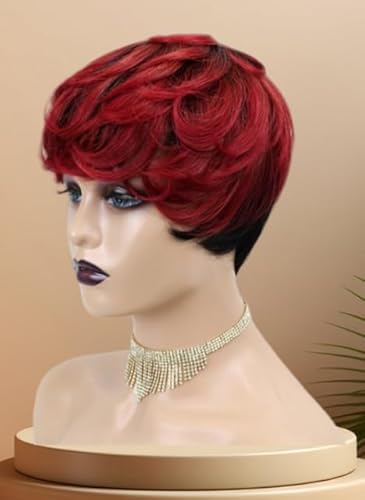 Kurze Bob Perücke aus Echthaar, 6 Zoll kurze lockige Pixie Perücke, hitzebeständige synthetische Perücke, for schwarze Frauen, tägliche Verwendung auf Partys, Cosplay.(Wine red) von ZGCNDS