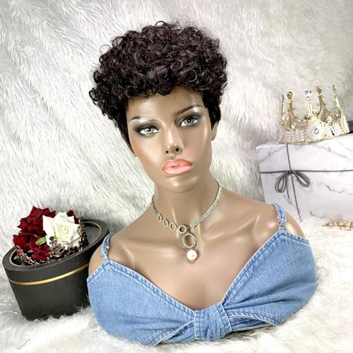 Kurze Pixie Schnitt Wellen Perücke aus Echthaar mit Pony, 6 Zoll kurze lockige Pixie Perücke, for schwarze Frauen menschliches Haar täglicher Party-Cosplay-Einsatz.(Black) von ZGCNDS