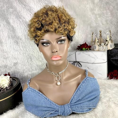 Kurze Pixie Schnitt Wellen Perücke aus Echthaar mit Pony, 6 Zoll kurze lockige Pixie Perücke, for schwarze Frauen menschliches Haar täglicher Party-Cosplay-Einsatz.(Gradient gold) von ZGCNDS