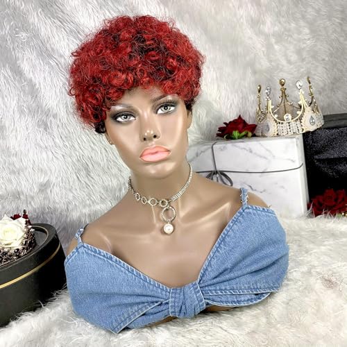 Kurze Pixie Schnitt Wellen Perücke aus Echthaar mit Pony, 6 Zoll kurze lockige Pixie Perücke, for schwarze Frauen menschliches Haar täglicher Party-Cosplay-Einsatz.(Wine red) von ZGCNDS