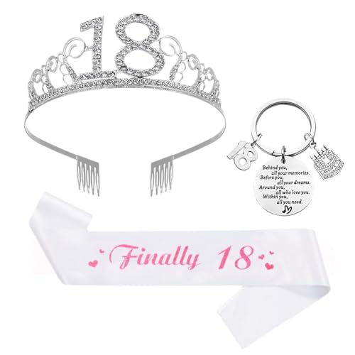 ZGCXRTO 18. Geburtstag Krone Schärpe,Finally 18 Schärpe Geburtstag Tiara Schlüsselanhänger 18 Geburtstag Junggesellinnenabschied Set Für 18 Geburtstag Deko Geschenk Mädchen Party Accessoires von ZGCXRTO