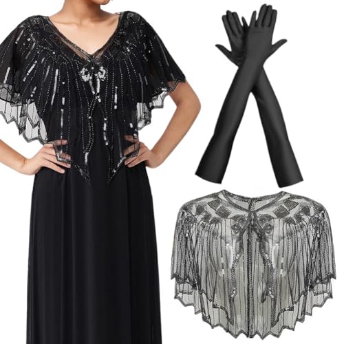 ZGCXRTO 1920er Jahre Retro Schal Umschlagtücher Mit Gloves,2 Stück 1920s Stola Schal Damen Pailletten Umschlagtücher Satin Classic Abendhandschuhe Für Abschlussball Party Hochzeit von ZGCXRTO