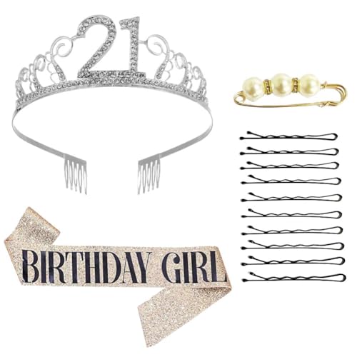ZGCXRTO 21. Geburtstag Schärpe Und Tiara,Silberne Strasskrone Gold Birthday Girl Sash Geburtstags Kristall Tiara Strass Kronen Birthday Crown Prinzessin Haar-Zusätze Für Frauen von ZGCXRTO