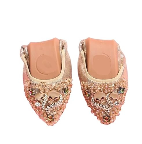Faltende Flache Ballettschuhe, glänzende Kristall-Mokassins mit weichen Sohlen, Flache Damenschuhe, rutschfeste Oxfords unten für Frauen(Gold,9.5) von ZGCrumphant