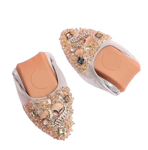 Faltende Flache Ballettschuhe, glänzende Kristall-Mokassins mit weichen Sohlen, Flache Damenschuhe, rutschfeste Oxfords unten für Frauen(Silver,9.5) von ZGCrumphant