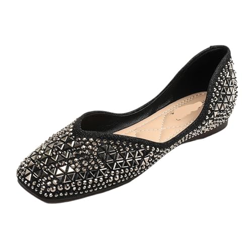 Flache Schuhe mit Nieten und quadratischer Zehenpartie for Damen mit glitzernden Perlen und flachen Mokassins mit Pailletten für Frauen(Black,36) von ZGCrumphant