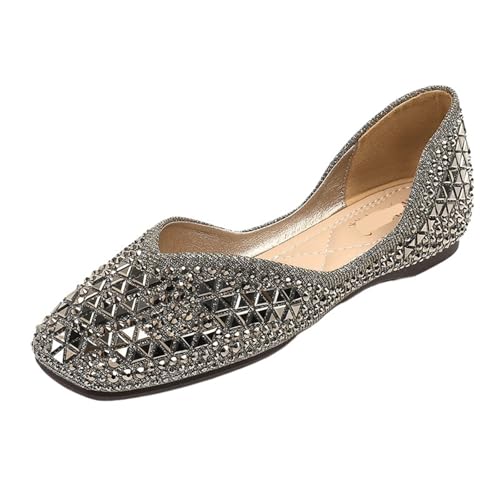 Flache Schuhe mit Nieten und quadratischer Zehenpartie for Damen mit glitzernden Perlen und flachen Mokassins mit Pailletten für Frauen(Gold,38) von ZGCrumphant
