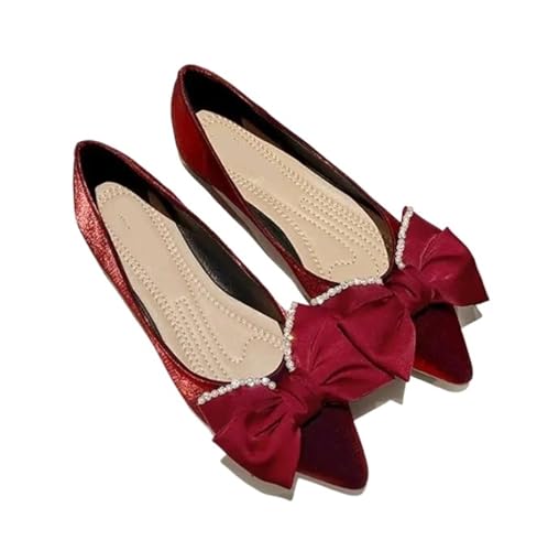 Flache Schuhe mit Schleife for Damen, Ballettschuhe mit Schmetterlingsknoten, Büroschuhe, spitzer Zehenbereich, Flacher Slip-On, Faltbare Ballerina für Frauen(Color 7,10.5) von ZGCrumphant