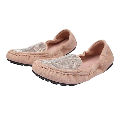 Frauen Faltbare Wohnungen Kristall Nieten weibliche Loafer Damen Flache Schuhe für Frauen(Apricot 1,8.5) von ZGCrumphant