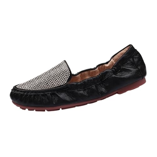 Frauen Faltbare Wohnungen Kristall Nieten weibliche Loafer Damen Flache Schuhe für Frauen(Black 2,6) von ZGCrumphant