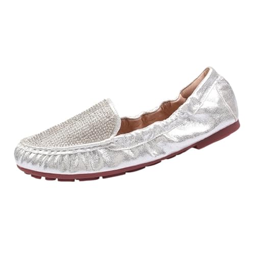Frauen Faltbare Wohnungen Kristall Nieten weibliche Loafer Damen Flache Schuhe für Frauen(Silver 2,9) von ZGCrumphant