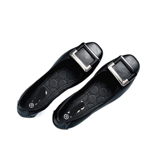 Metallische Schnalle Schuhe Damen Roll-up Mokassins Bequeme Flache Schuhe Frauen Faltbare Slipper rutschfeste Slip-on Silber Ballett Mädchen Schuhe für Frauen(Black,4.5) von ZGCrumphant