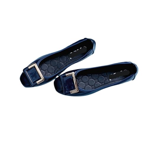 Metallische Schnalle Schuhe Damen Roll-up Mokassins Bequeme Flache Schuhe Frauen Faltbare Slipper rutschfeste Slip-on Silber Ballett Mädchen Schuhe für Frauen(Blue Patent Leather,9.5) von ZGCrumphant