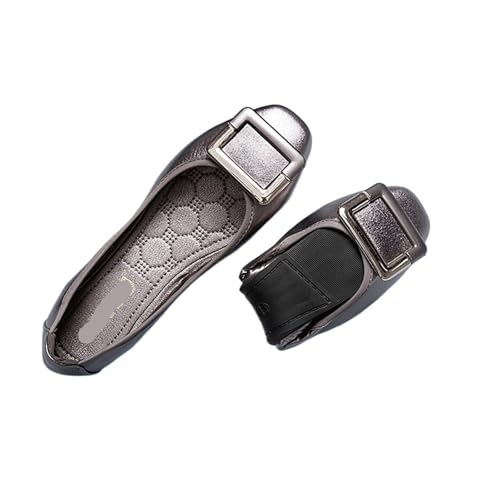 Metallische Schnalle Schuhe Damen Roll-up Mokassins Bequeme Flache Schuhe Frauen Faltbare Slipper rutschfeste Slip-on Silber Ballett Mädchen Schuhe für Frauen(Gray,9.5) von ZGCrumphant