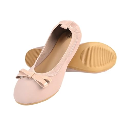 Rosa Damen-Ballettschuhe aus Nubukleder mit elastischen Schleifen, verziert mit runder Zehenpartie, flach, faltbar, for den täglichen Gebrauch für Frauen(37) von ZGCrumphant