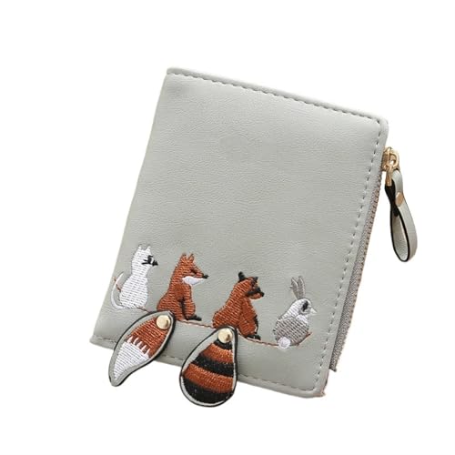 ZGCrumphant Damen-Geldbörse mit niedlichen Cartoon-Tieren, kurzes Leder, kleine Geldbörse mit Haspe und Reißverschluss, Geldbörse mit Kartenhalter for Mädchen für Damen(Grey) von ZGCrumphant
