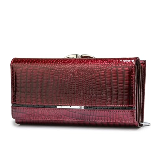 ZGCrumphant Damen Leder Geldbörse Lange Geldbörsen Echtleder Geldbeutel mit Münzfach Kartenhalter Clutch für Damen(Dark Red) von ZGCrumphant