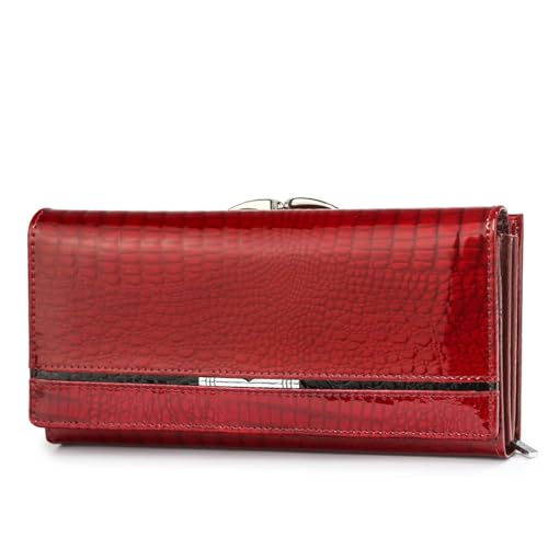 ZGCrumphant Damen Leder Geldbörse Lange Geldbörsen Echtleder Geldbeutel mit Münzfach Kartenhalter Clutch für Damen(Red) von ZGCrumphant