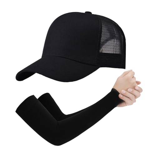 1 Schwarze Baseballkappe, 1 Paar Ärmel, Atmungsaktive Mesh-Baseballkappe, Sommersportkappe, Baumwoll-Mesh-Cap Mit Verstellbarer Schnalle, Sonnenschutz-Schirmkappe, Sonnenhut Mit Breiter Krempe von ZGDEIWGF