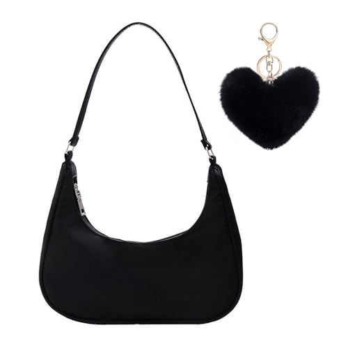 ZGDEIWGF 1 Schwarze Achseltasche, 1 Plüschanhänger, Halbmond-Umhängetasche, Modische Handtasche, Leichte Kleine Umhängetasche, Strukturierte Damen-Umhängetasche, Lässige Pendlertasche von ZGDEIWGF