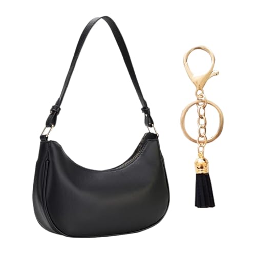 ZGDEIWGF 1 Schwarze Achseltasche, 1 Quastenanhänger, Halbmondförmige Umhängetasche, Modische Handtasche, Leichte Umhängetasche, Strukturierte Damen-Umhängetasche, Lässige Pendlertasche von ZGDEIWGF