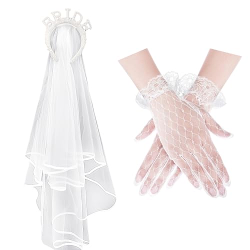 ZGDEIWGF 1 Stück Brautstirnband, 1 Paar Handschuhe, Kopfschmuck Für Die Hochzeitsbraut, Hochzeitsschleier Der Braut, Perlenverziertes Stirnband Und Schleier Der Braut von ZGDEIWGF