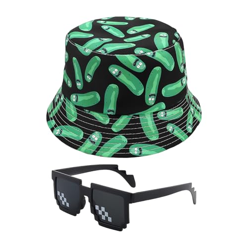 ZGDEIWGF 1 Stück Doppelseitiger Fischerhut, 1 Stück Sonnenbrille, Sommersonnenhut, Fischerhut, Outdoor-Reisehut, Unisex-Kreativ-Eimerhut von ZGDEIWGF