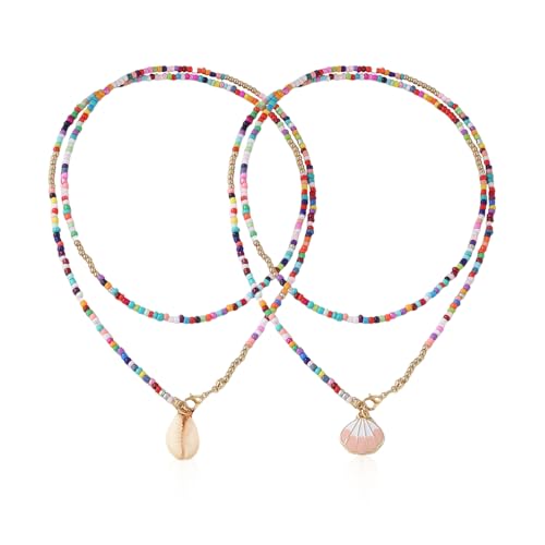 ZGDEIWGF 2 Stück Bunte Perlenkette, Perlen-Muschelkette, Halskette Im Bohème-Stil, Buntes Reisperlen-Halsband, Modische Und Vielseitige Schlüsselbeinkette, Damen-Schmuckzubehör von ZGDEIWGF