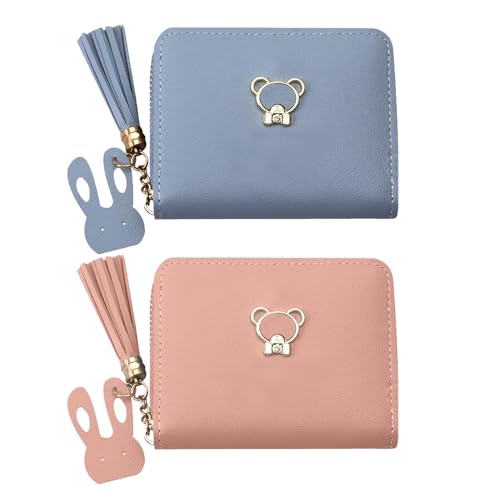 ZGDEIWGF 2 Stück Damen Mini Brieftasche, Süße Mädchen Brieftasche, Quasten Brieftasche, Cartoon Muster Brieftasche, Leder Brieftasche von ZGDEIWGF