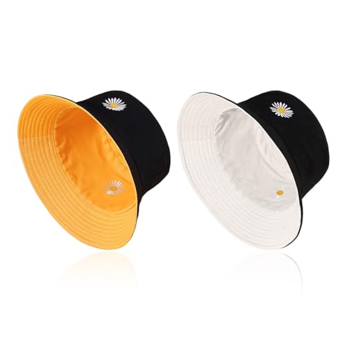 ZGDEIWGF 2 Stück Doppelseitige Fischerhüte, Damenhüte, Mit Gänseblümchen Bestickte Sonnenhüte, Faltbare Sonnenhüte, Modische Strandhüte von ZGDEIWGF