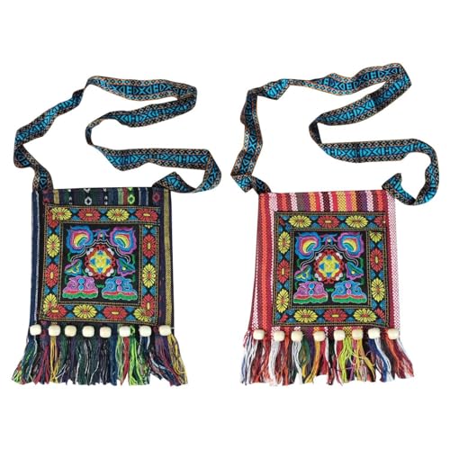 ZGDEIWGF 2 Stück Quasten-Canvas-Tasche, Bestickte Tasche, Bestickte Leinentasche, Perlen-Umhängetasche, Umhängetasche, Quadratische Tragetasche, Muster-Sling-Quastentasche von ZGDEIWGF