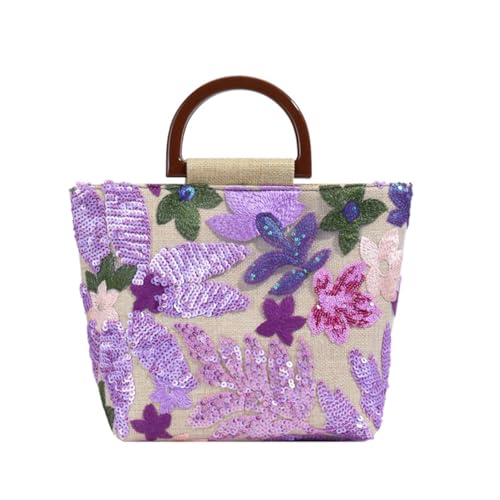 ZGFHLI Handtasche Mit Stickerei,Elegant Damen Handtasche Klein Umhängetasche Tasche Bestickte Canvas-Tasche Tote Bag Shopper Schultertaschen Frauen Umhängetasche Taschen Reisen,Lila von ZGFHLI