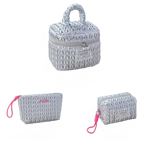 Kosmetiktaschen für Frauen Make up Tasche Kosmetiktasche groß Aesthetic Stuff clean Gir Reise Kosmetiktaschen mit Metall ReiBverschluss Make upTasche für Mädchen (Silber 3PCS) von ZGHQHCDRH