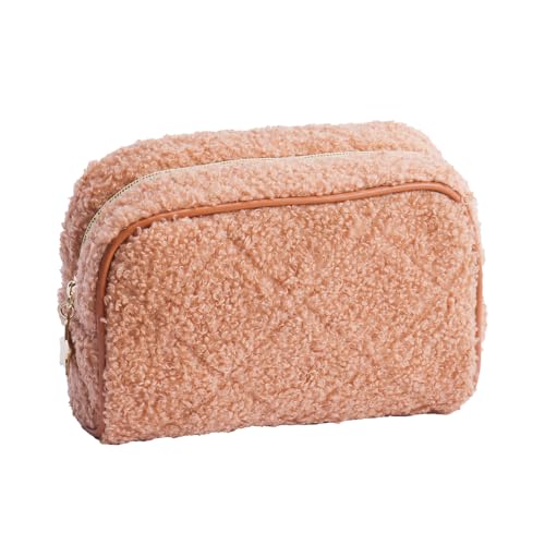 Kulturbeutel Damen Flauschige Kosmetiktasche – Kulturtasche Damen,Schminktasche, Aesthetic Stuff clean Girl Makeup Bag Emergency kit Girls School Bag Frauen Mädchen Geschenk (Braun Halbrund) von ZGHQHCDRH