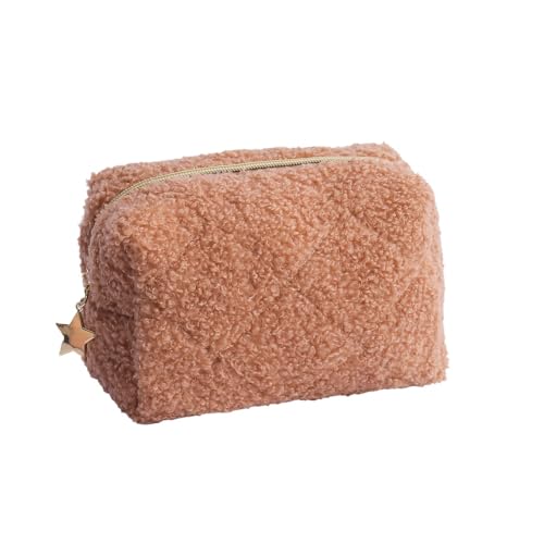 Kulturbeutel Damen Flauschige Kosmetiktasche – Kulturtasche Damen,Schminktasche, Aesthetic Stuff clean Girl Makeup Bag Emergency kit Girls School Bag Frauen Mädchen Geschenk (Braun Quadratisch) von ZGHQHCDRH