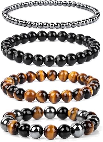 ZGHQHCDRH 4 Stück Echte Naturstein Edelstein armband Damen,4MM/6MM/8MM/10MM Mondstein Armband Damenset,Handmade Schmuck Geschenk (L) von ZGHQHCDRH