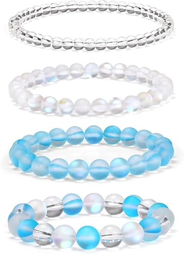 ZGHQHCDRH 4 Stück Mondstein Armband Perlen 4MM/6MM/8MM/10MM- Größe 16 bis 18cm - Handmade Perlenarmband Sensibilität Fruchtbarkeit Weiblichkeit - Spiritueller Schmuck Unisex (B) von ZGHQHCDRH