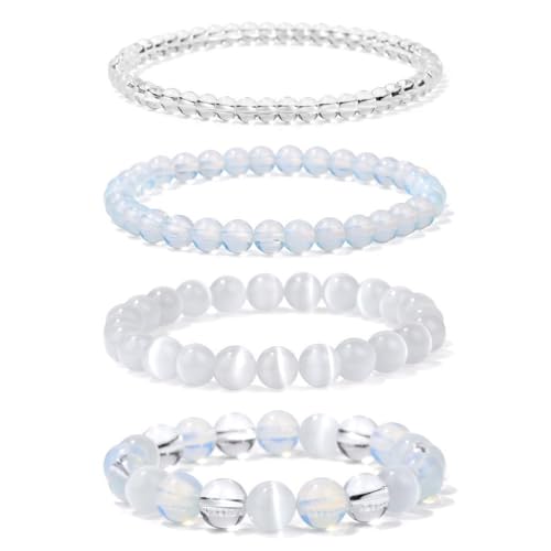 ZGHQHCDRH 4 Stück Mondstein Armband Perlen 4MM/6MM/8MM/10MM- Größe 16 bis 18cm - Handmade Perlenarmband Sensibilität Fruchtbarkeit Weiblichkeit - Spiritueller Schmuck Unisex (U) von ZGHQHCDRH