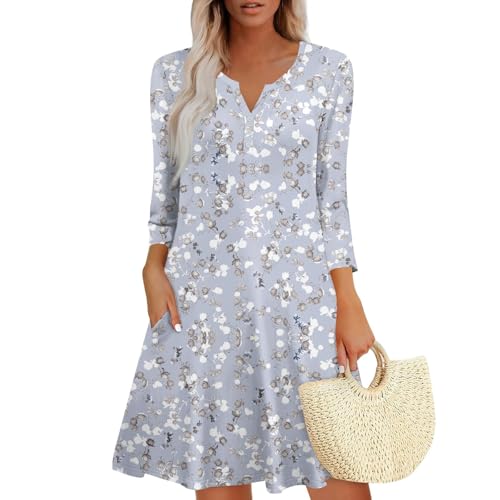 Blusenkleid Damen Kurz Shirtkleid mit 3/4 Ärmel V-Ausschnitt Boho Kleid mit Taschen Strandkleid A Linie Sommerkleid Knopfleiste Blumenmuster Freizeitkleid Sommer Dress for Women Light Purple9 XXL von ZGIDDAZ