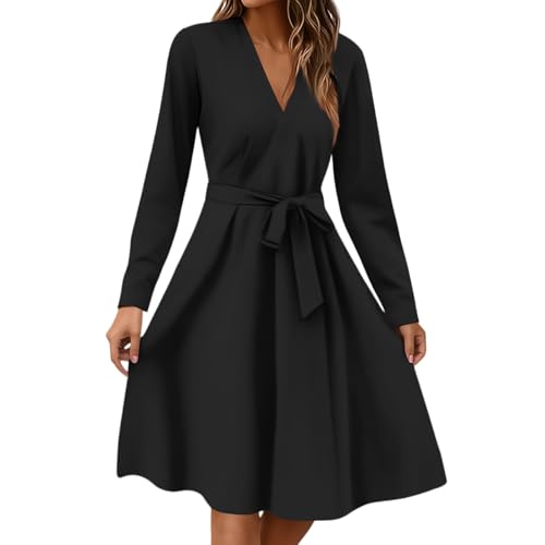 Herbstkleid Damen Knielang Midikleid A Linie Langarm V-Ausschnitt Tunika Kleid Mit Gürtel Lässiges Business Kleid Damen Elegant Schicke Sommerkleider Freizeitkleid Black2 S von ZGIDDAZ