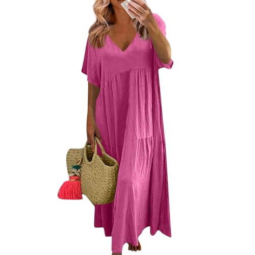 Leinenkleider Damen Sommer Sommerkleider Große Größen Strandkleid Damen Lang Maxikleider Kurzarm V-Ausschnitt Casual Elegant Tunika Kleid A Linie Freizeitkleid Hot Pink3 5XL von ZGIDDAZ