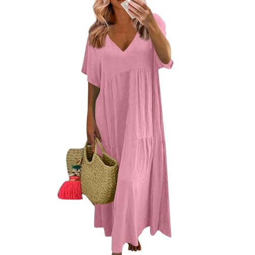 Leinenkleider Damen Sommer Sommerkleider Große Größen Strandkleid Damen Lang Maxikleider Kurzarm V-Ausschnitt Casual Elegant Tunika Kleid A Linie Freizeitkleid Pink2 5XL von ZGIDDAZ